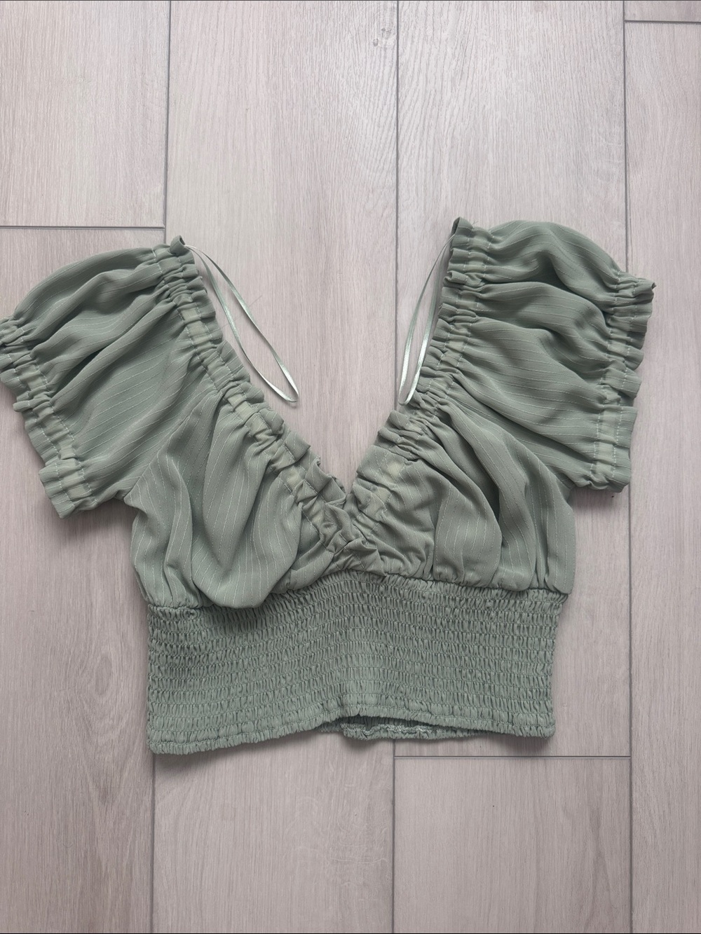 Dynamite Sage Green Puff Sleeve Smocked Crop Top